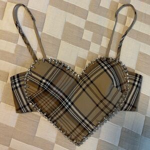 AREA Crystal Embellished Heart Plaid Crop Top